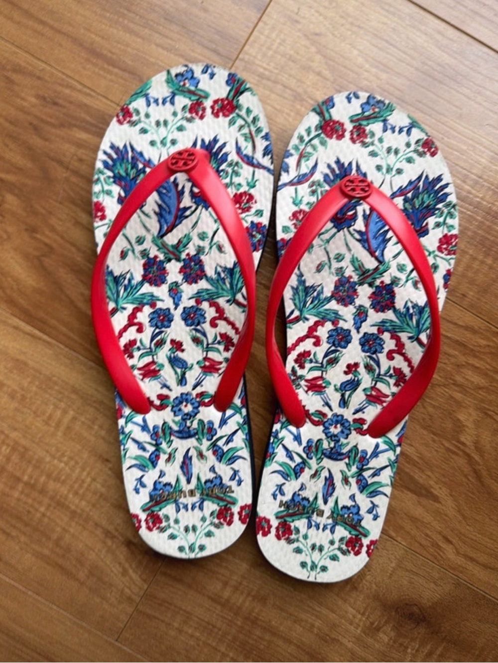 Tory Burch Red Floral Print Women's Flip Flops